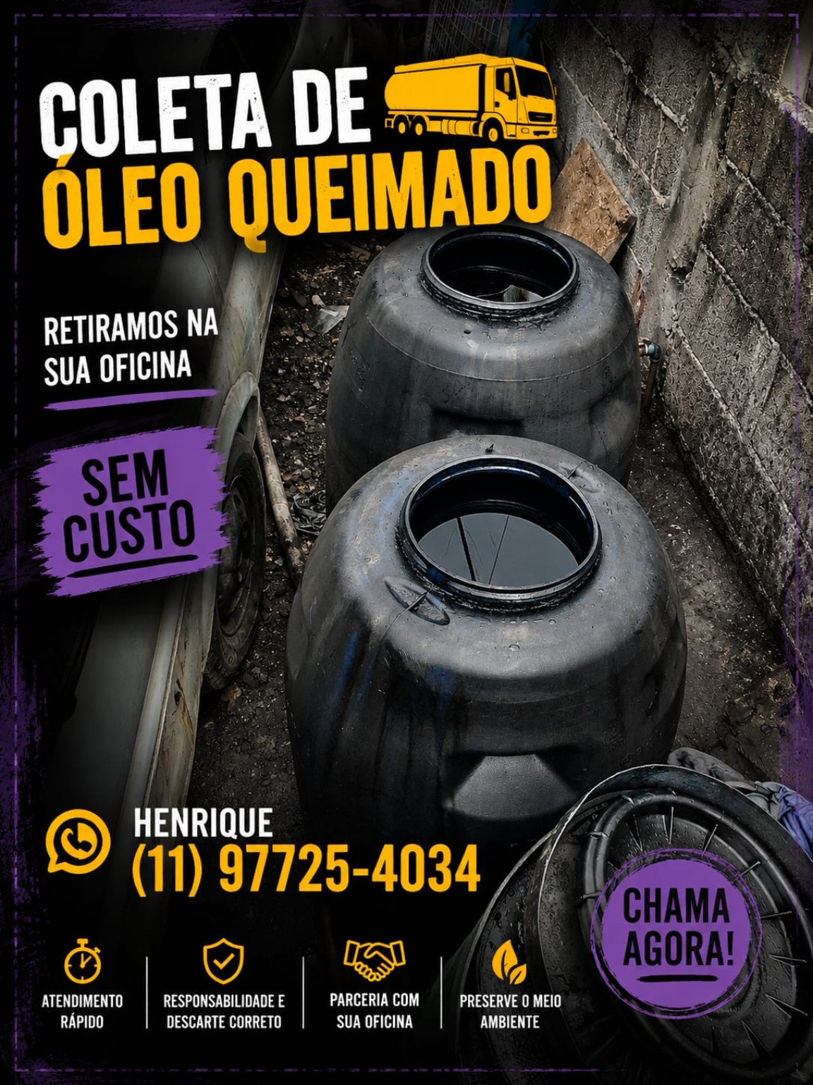 Arte de coleta de óleo queimado